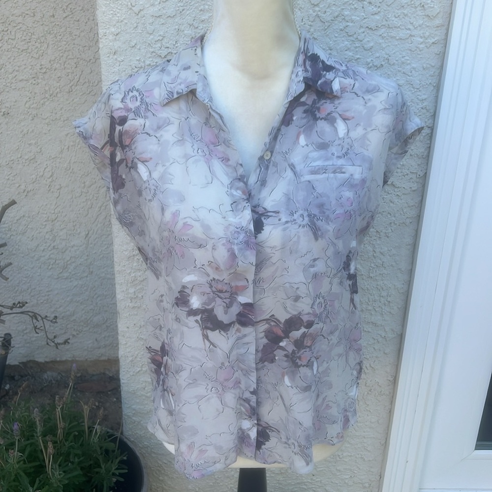 Rebecca Taylor Light Purple Floral Print Silk Short Sleeve Blouse Women's Size 0
